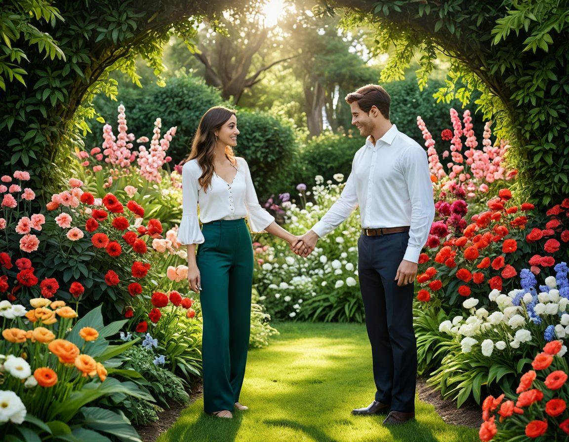 An enchanting scene of a couple holding hands in a lush, vibrant garden, surrounded by blooming flowers, symbolizing romance and growth. The couple is engaged in deep conversation, their faces glowing with understanding and tenderness. Subtle heart motifs and commitment rings adorn the background as symbols of enduring love. painting. vibrant colors. serene atmosphere.