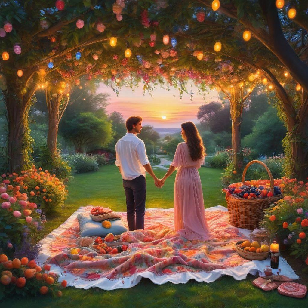 A couple in a lush garden, surrounded by blooming flowers, holding hands under a canopy of twinkling fairy lights, with a backdrop of a sunset sky. A picnic blanket with a basket of fruits and a bottle of wine nearby. Vibrant colors, romantic and dreamy ambiance. painting style.